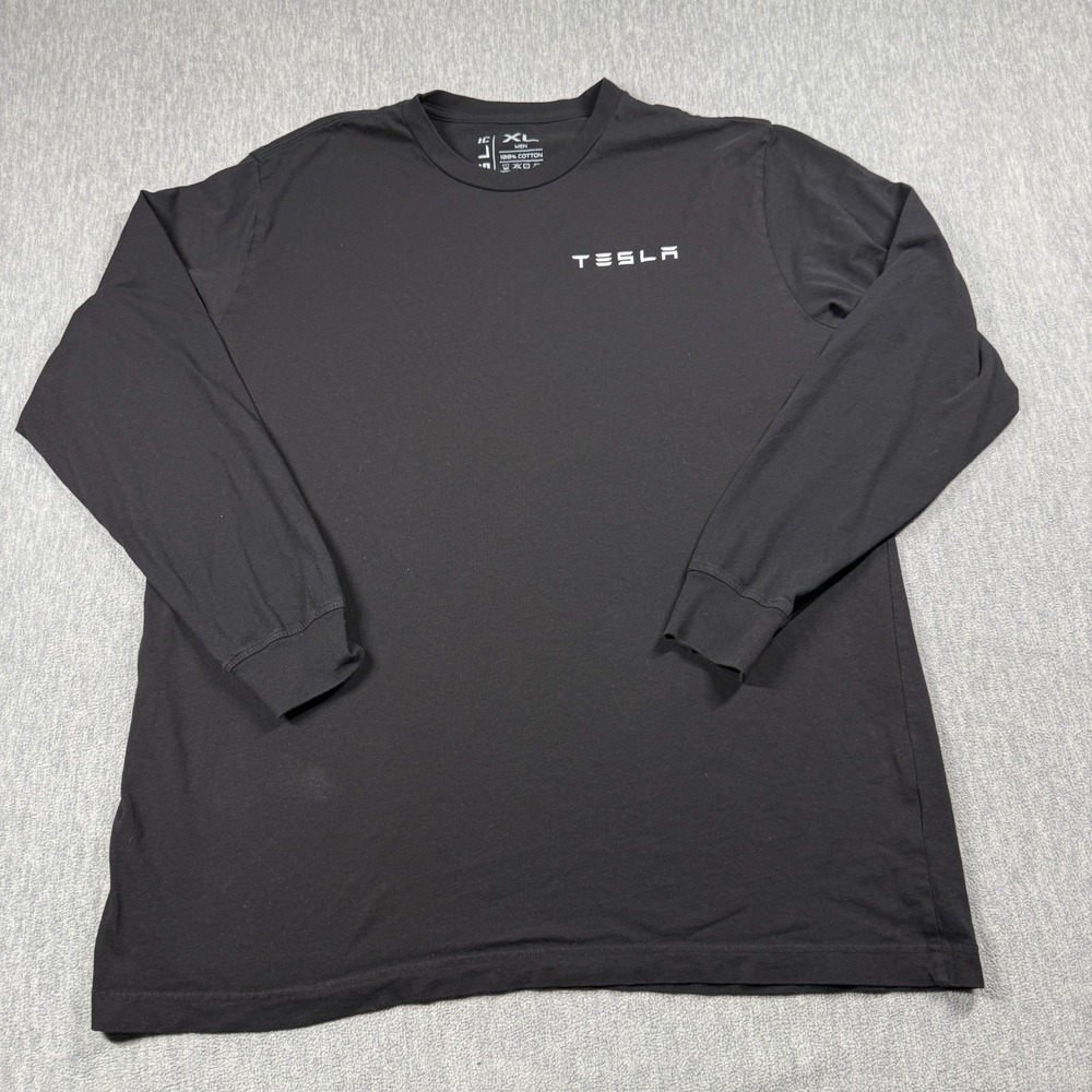 Tesla Shirt Mens XL Black Solid Casual Long Sleeve Cotton Graphic Crew Neck Tee